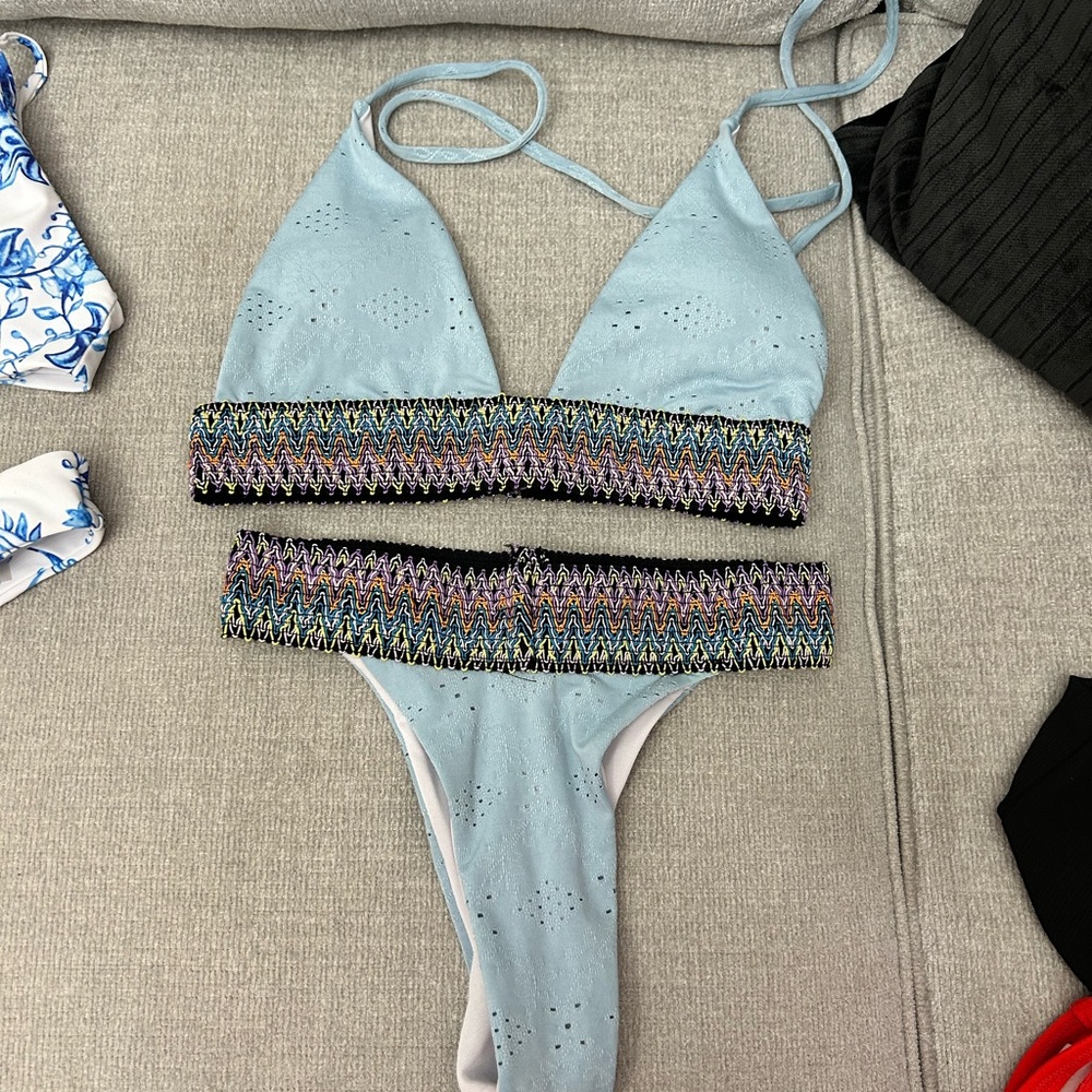 Light Blue Eyelet Bikini with Multicolor Smocked Trim